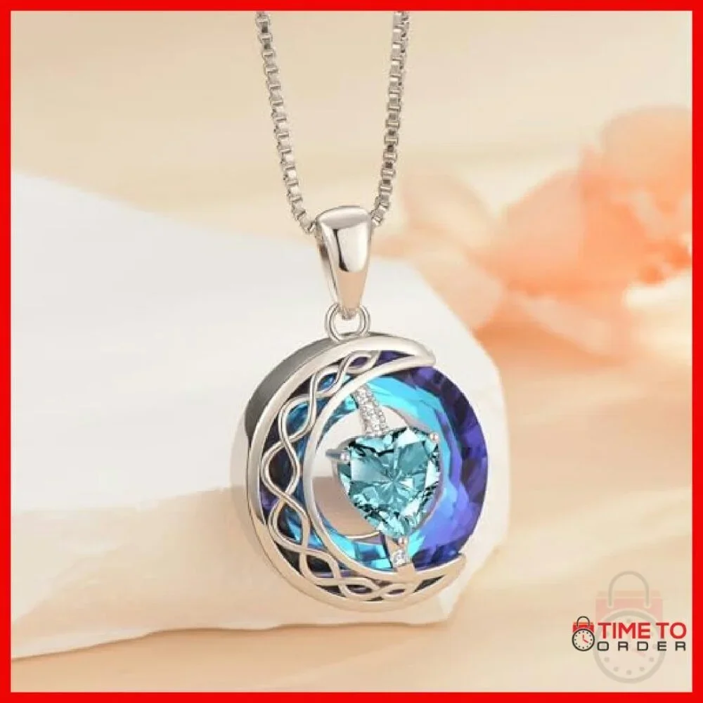 Sterling Silver Moon Pendant Necklace with Crystal and Zircon Stones